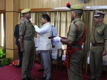 Shri B. Songthiang receiving Presidents Medal for Meritorious Service Independence Day 2014 from Hon'ble CM of Meghalaya