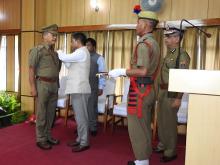 Shri Dhon W. Marak receiving Fire Service Medal for Meritorious Service Independence Day 2015 from Hon'ble CM of Meghalaya