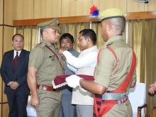 Shri Goera T. Sangma receiving Presidents Medal for Gallantry Independence Day 2016 from Hon'ble CM of Meghalaya