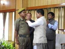Shri Ruperson M.Sangma receiving medal Fire Service Medal for Meritorious Service Independence Day 2016 from Hon'ble CM of Meghalaya